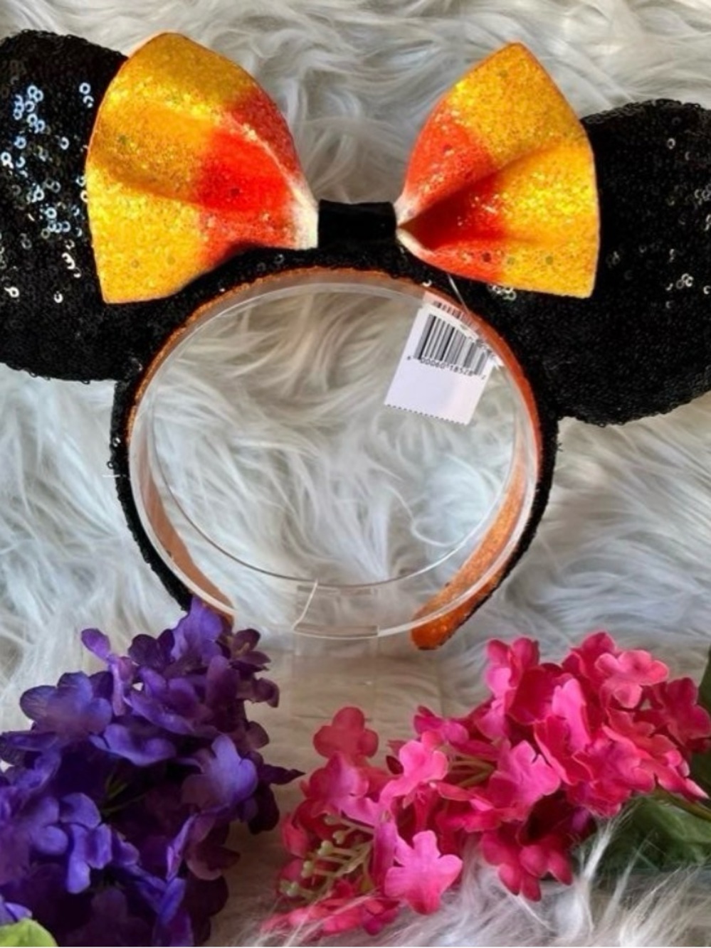 Disney Black Sequin Ears Headband with Orange and Yellow Ombre Bow